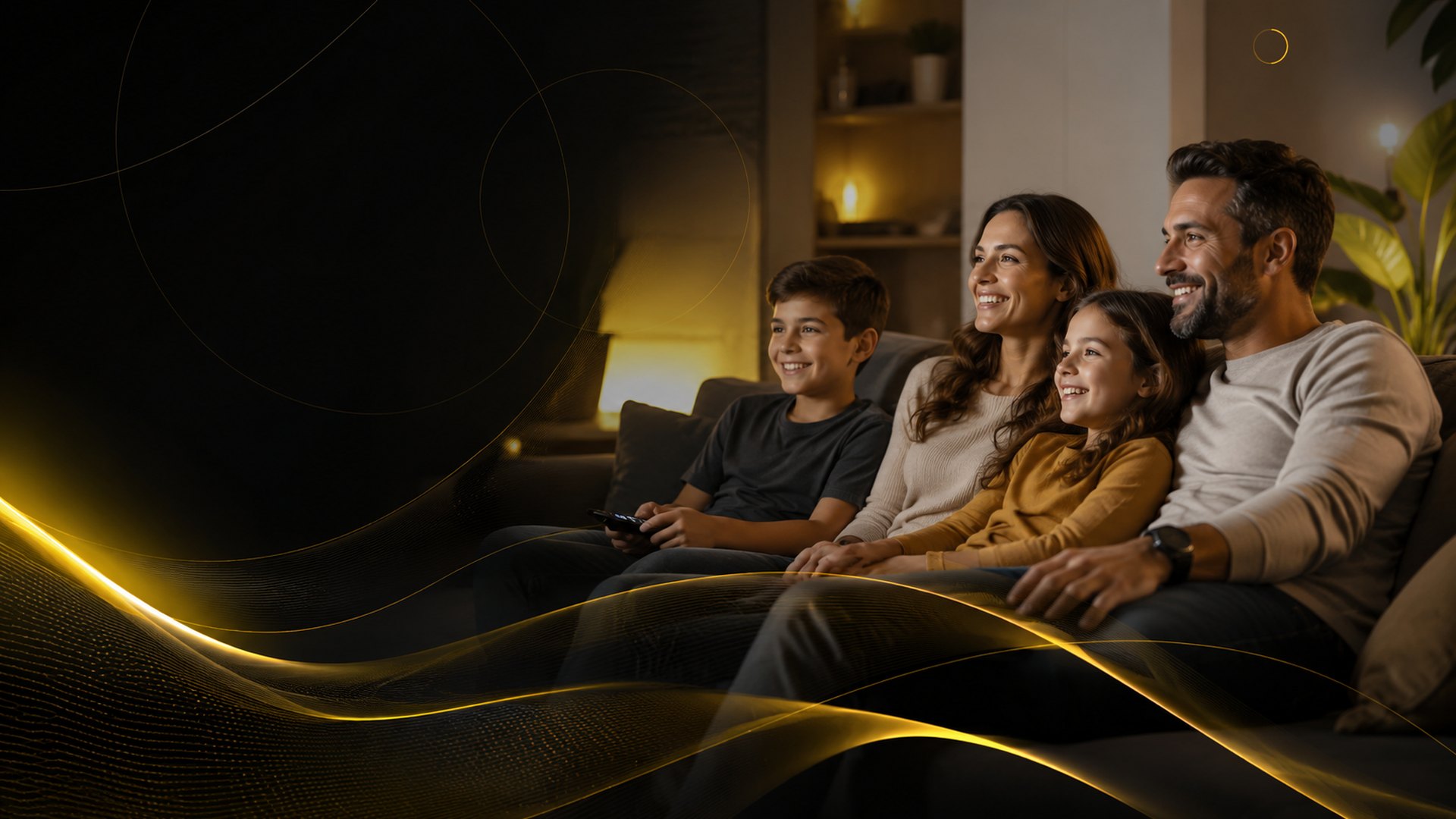 Família aproveitando entretenimento em casa com internet JDS